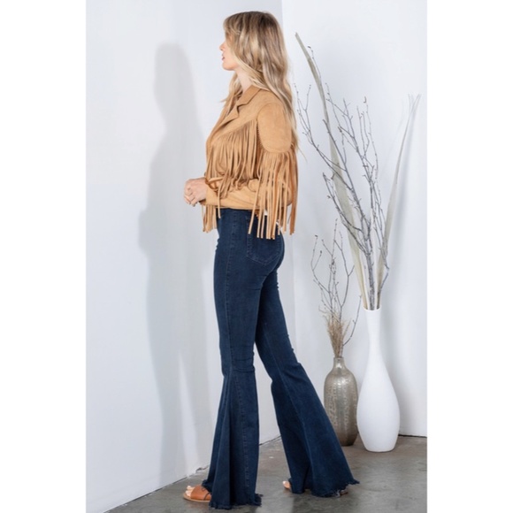 SOLD OUT Camel Faux Leather Suede Fringe Cropped Western Boho Moto Jacket - Picture 11 of 11